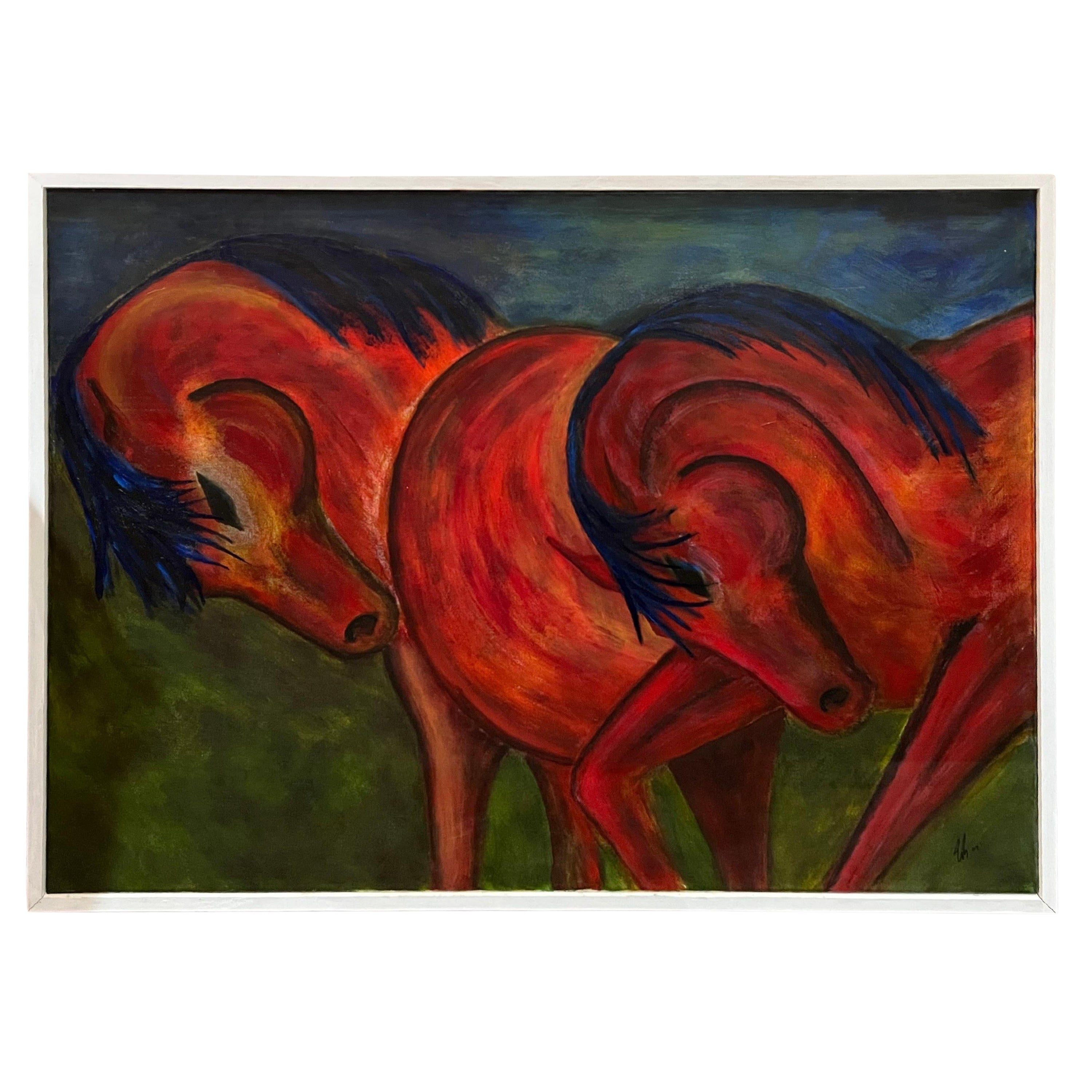 Enormous Framed Contemporary Oil on Canvas of Horses