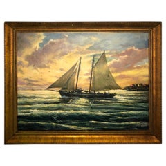 Vintage Victor Olsen Sunset Scene of Sailboats Oil on Canvas