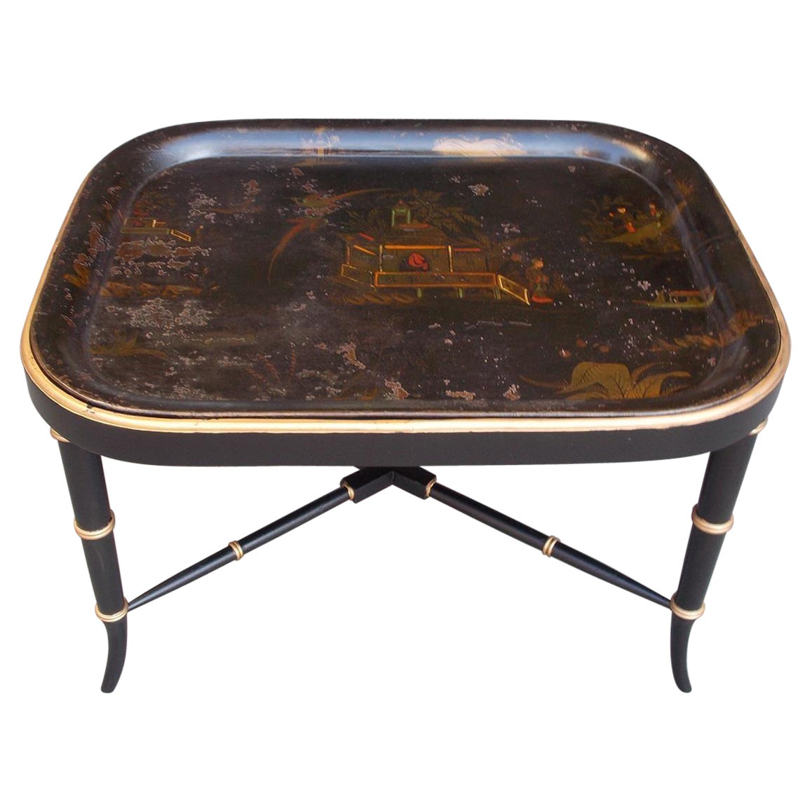 English Tole Tray on Stand with Figural & Pagoda Scenes on Faux Bamboo Legs 1820 For Sale