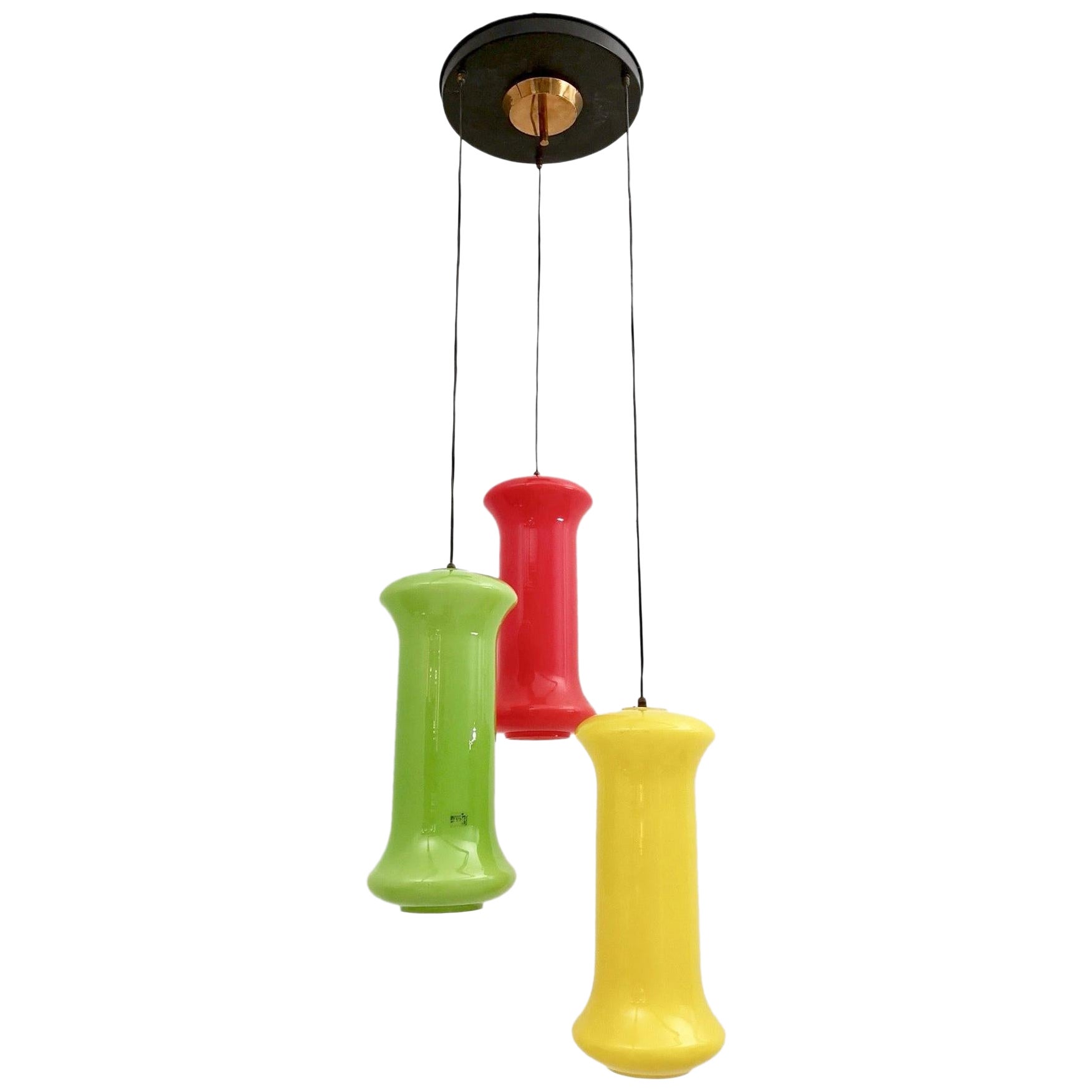 Red, Yellow and Green Three-Light Cased Glass Chandelier by Vistosi, Italy For Sale