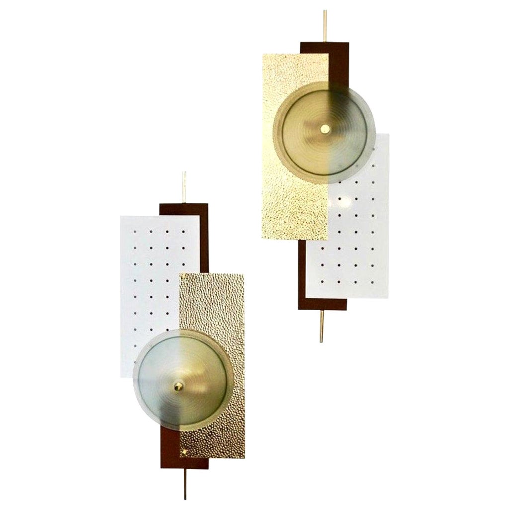 Italian Modernist Gold White & Brown Geometric Textured Metal & Glass Sconces For Sale