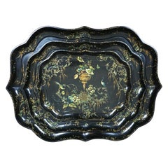 Antique Rare Set of 3 Black and Gilt Graduated Papier Mâché Trays of Scalloped Form