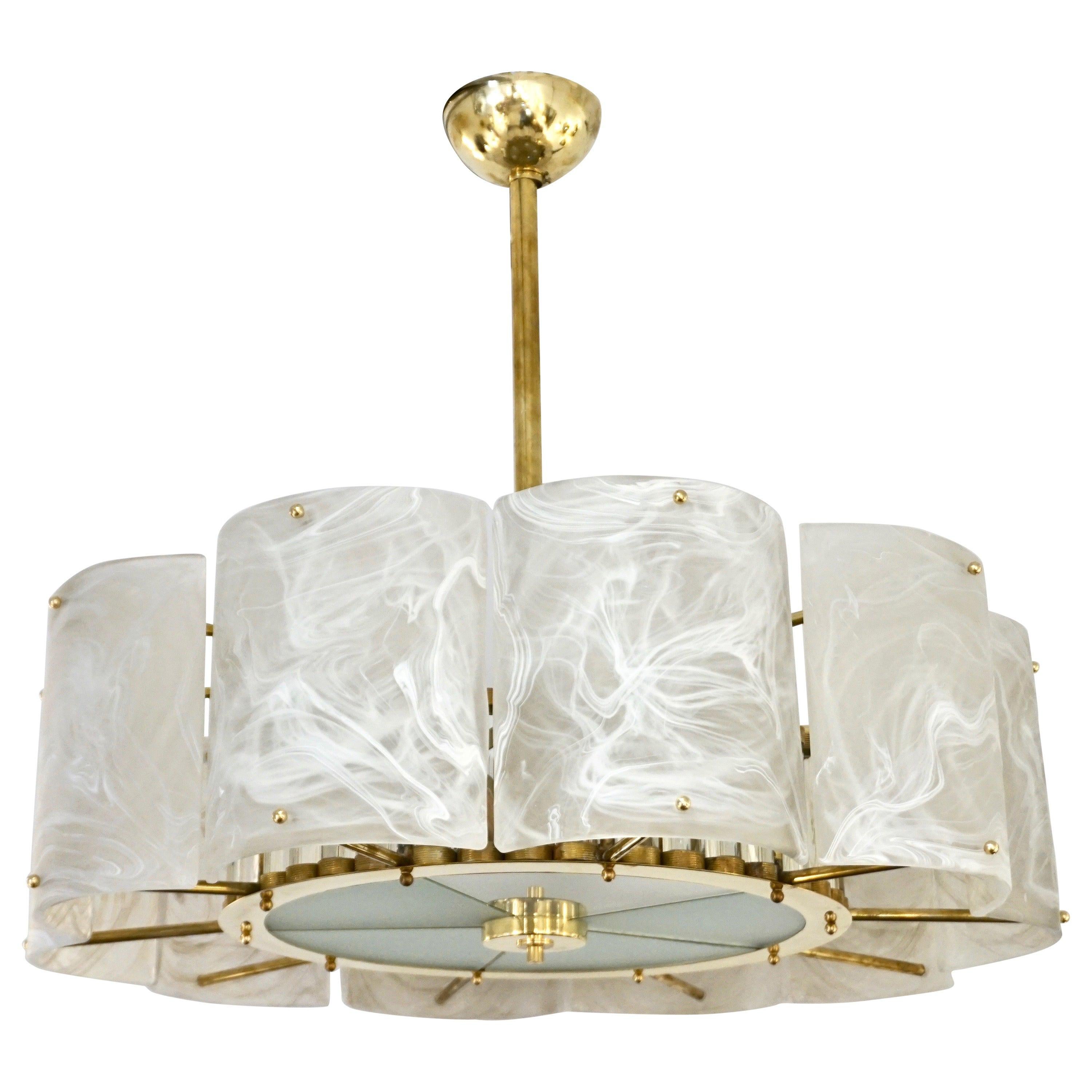 Bespoke Italian Alabaster White Murano Glass Brass Round Chandelier / Flushmount For Sale