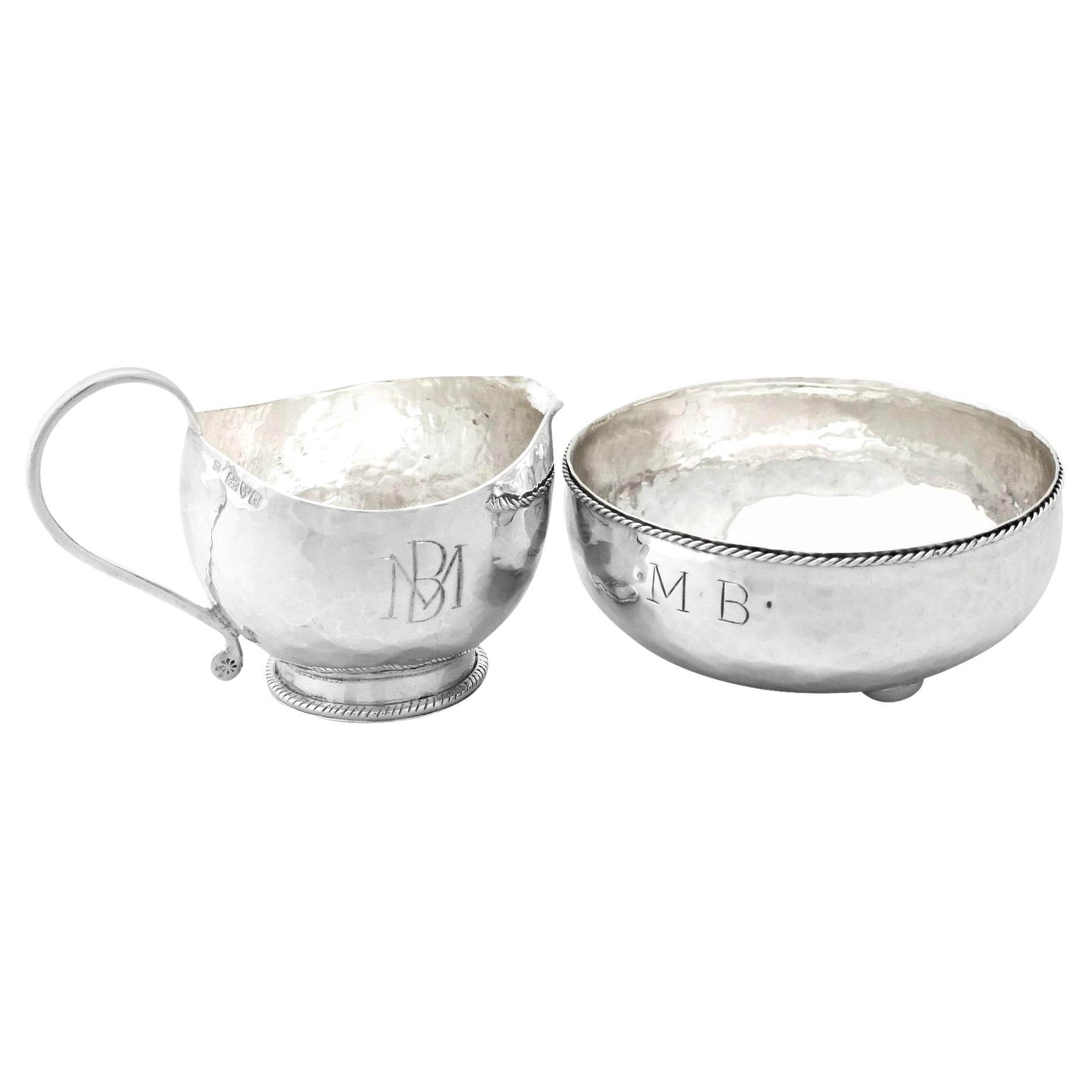 Jarra para crema y azucarero ingleses de plata de ley estilo Arts and Crafts