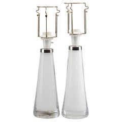 Pair of Orrefors White and Chrome Glass Table Lamps, Shades to Be Provided