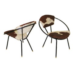 Paire de chaises longues italiennes modernes du milieu du siècle dernier en cuir de vache attribuée à Ico Parisi 