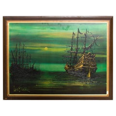 By Lee Reynolds Burr Ships At Sea Mystic Galleons Green Painting LA Art, 1960s