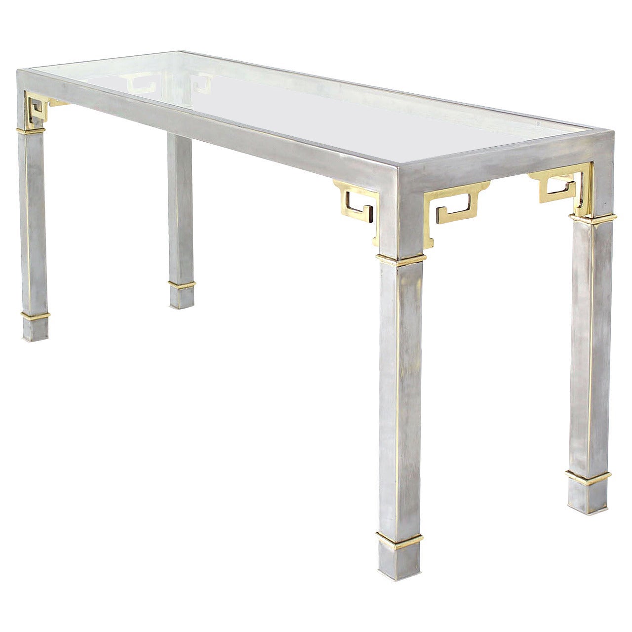 Chrome Brass and Glass Greek Key Design Console Table by Mastercraft