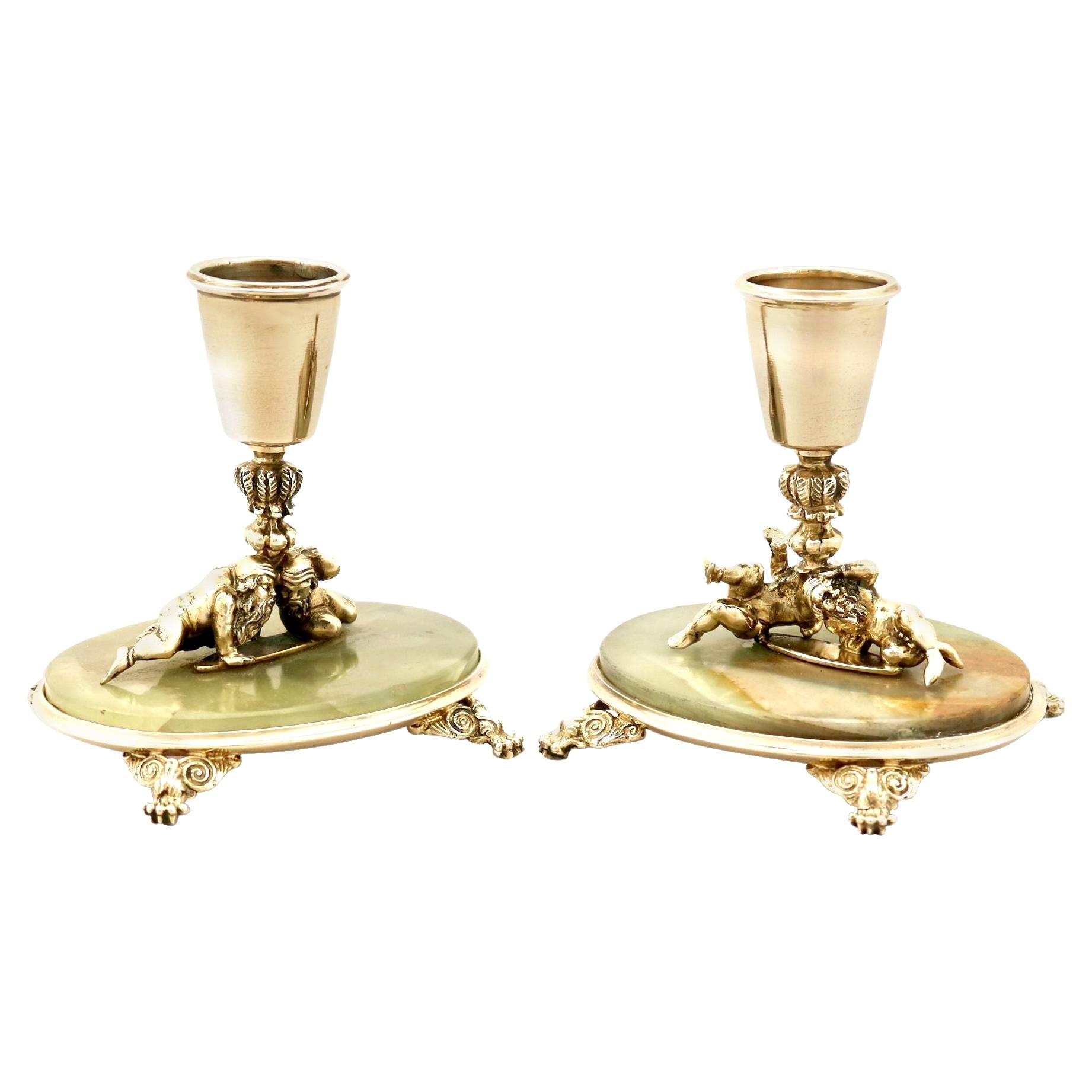 Antique Italian Silver Gilt and Marble Candlesticks For Sale