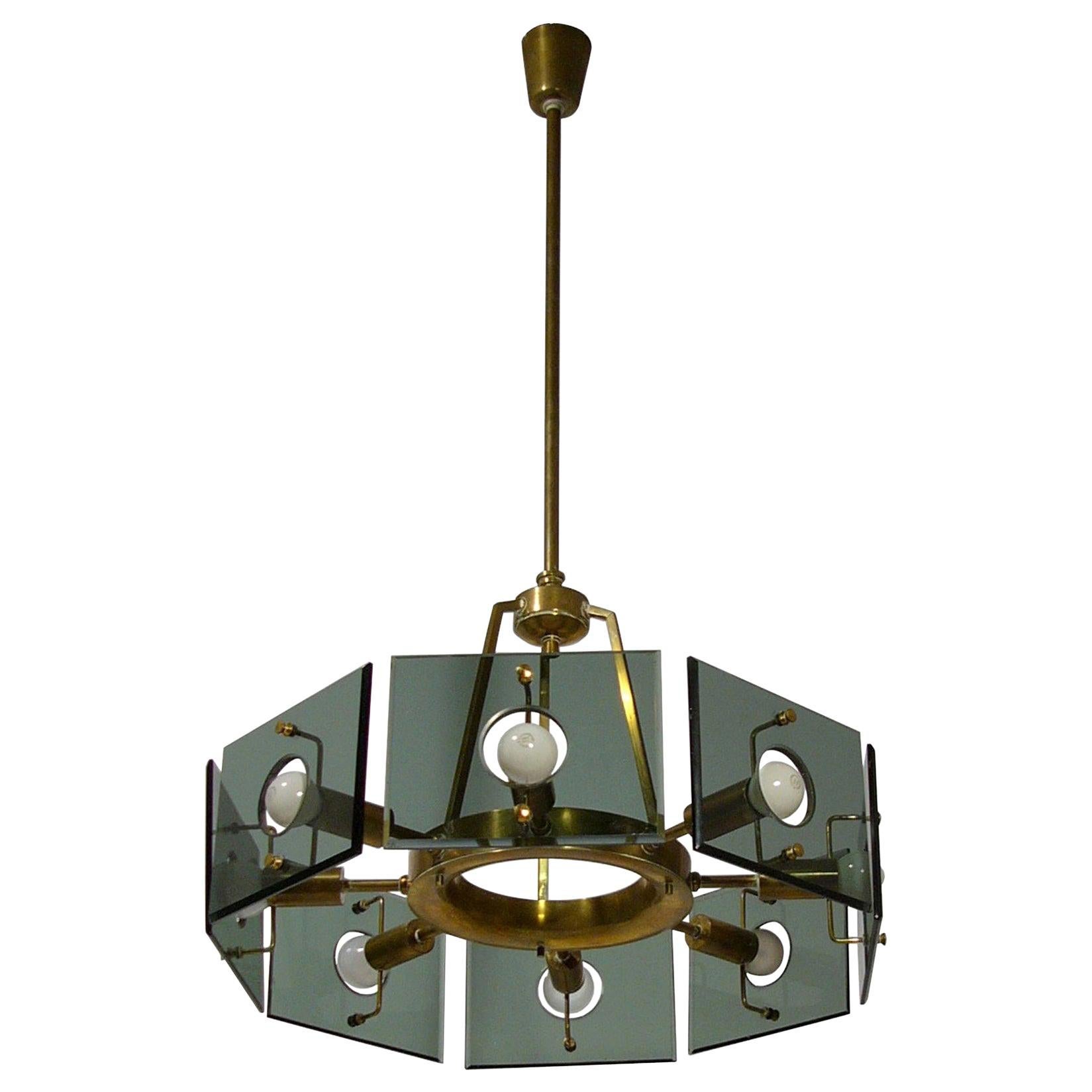 Eight-Light Italian Smoked Glass and Brass Chandelier by Cristal Art, 1960s For Sale