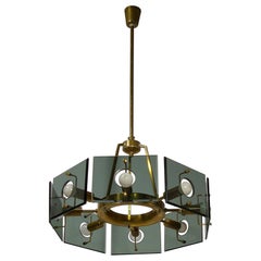 Eight-Light Italian Smoked Glass and Brass Chandelier by Cristal Art, 1960s