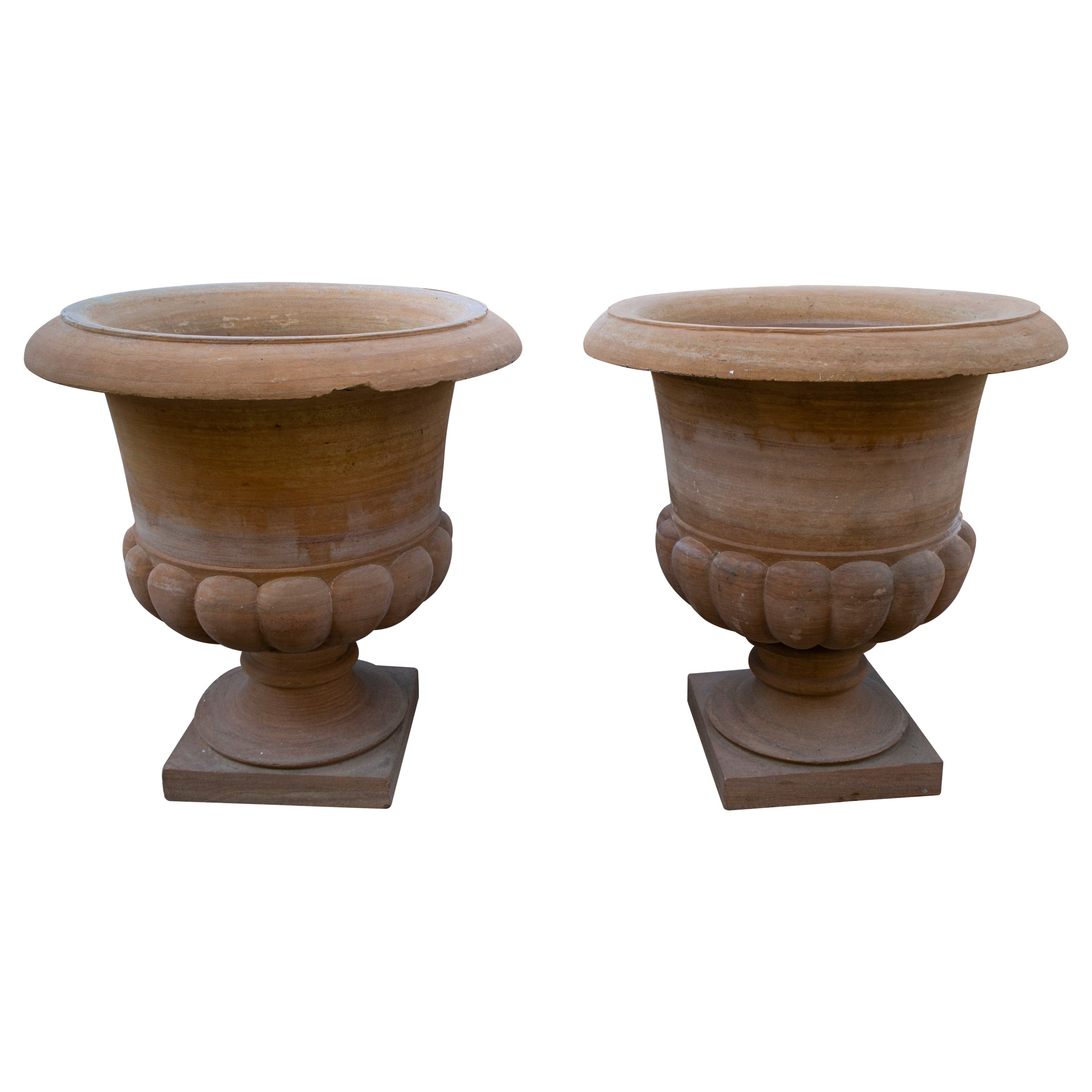 Pair of Bronze Garden Urns with Lions in Old Green Patina For Sale at 1stDibs