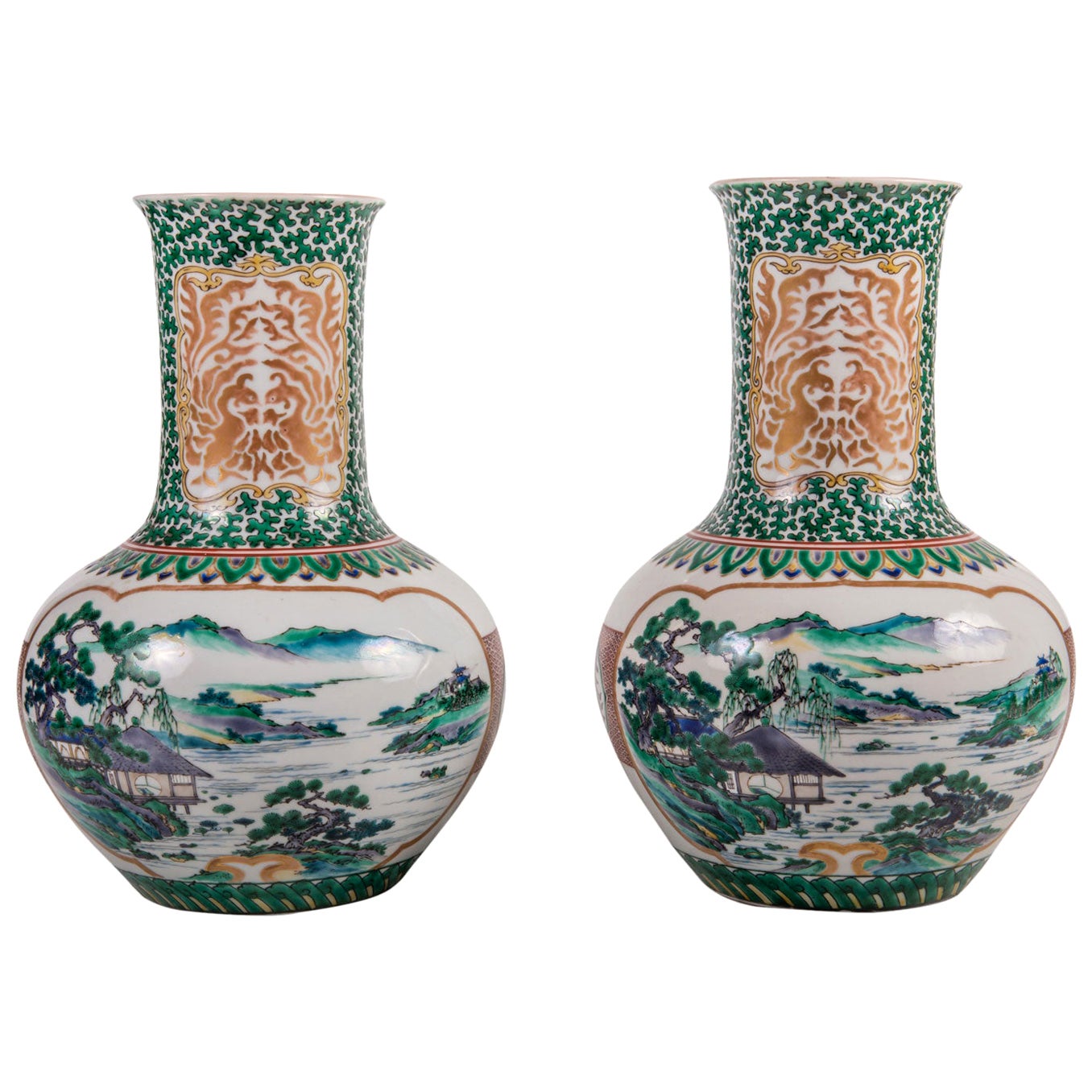 Pair of Antique Kutani Japanese Porcelain Vases For Sale at 1stDibs
