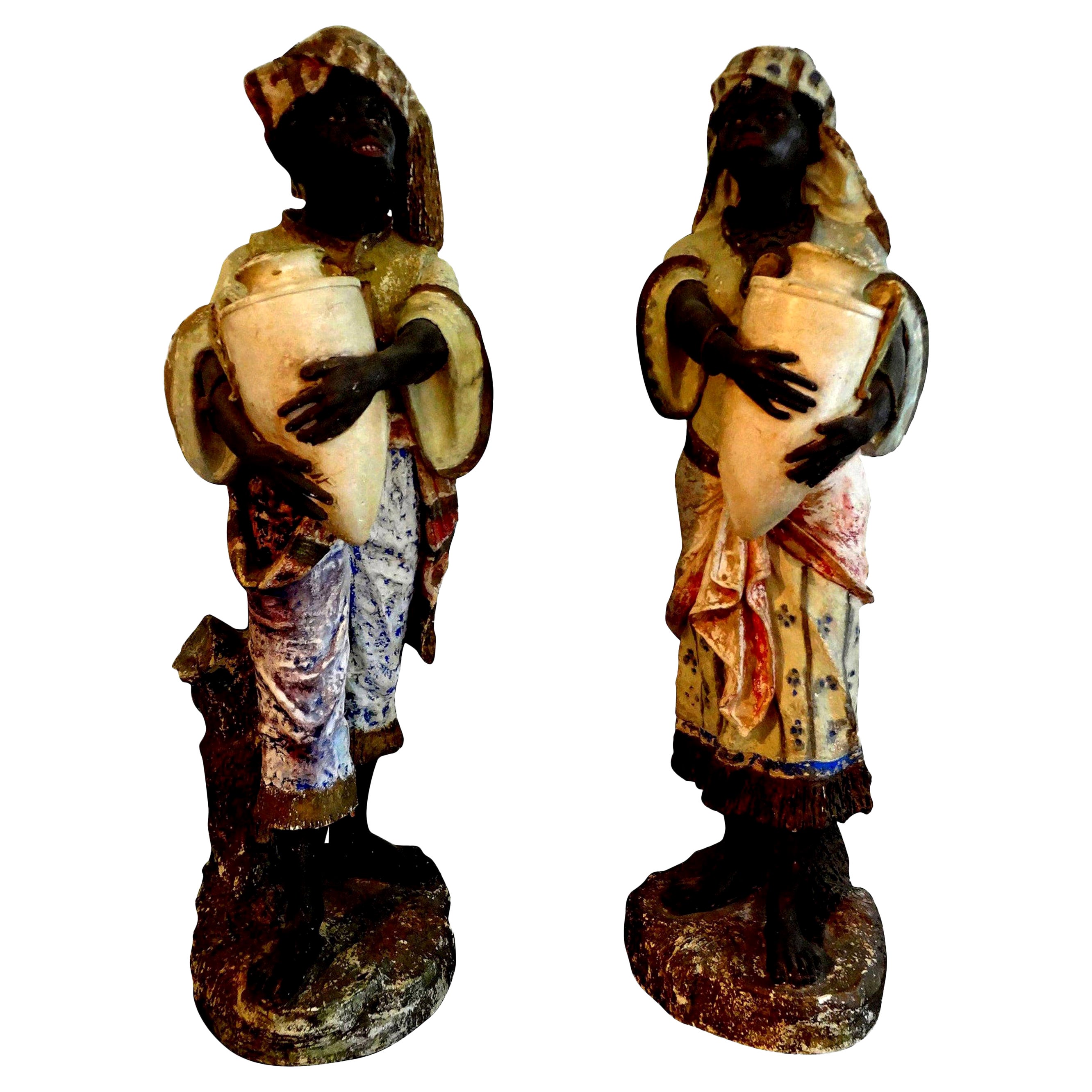 Orientalist Pair of Polychromed Plaster Arabesque Figures For Sale