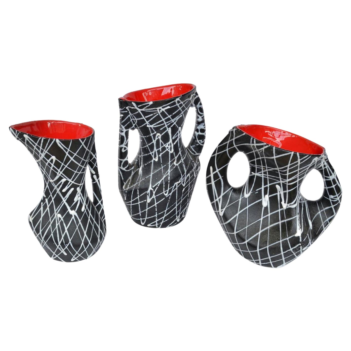 Set di tre vasi in ceramica Vallauris AM in bianco e nero