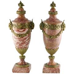 Antique Pair of French Louis XVI Style Rouge Marble Urns with Gilt Bronze Mounts