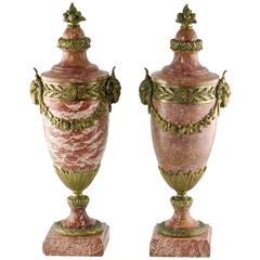 Antique Pair of French Louis XVI Style Rouge Marble Urns with Gilt Bronze Mounts