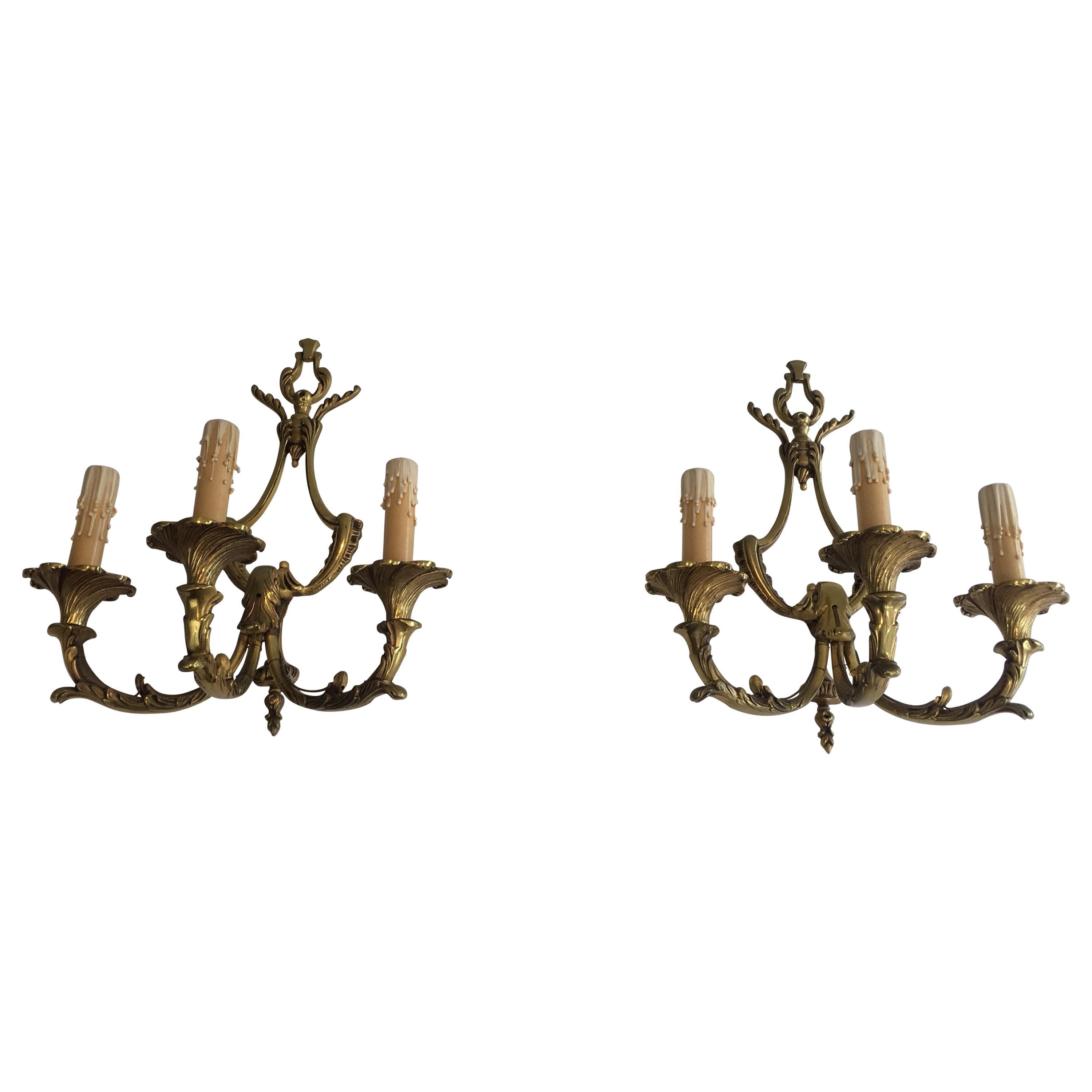 Pair of Louis XV Style 3-Light Bronze Sconces, French, circa 1960