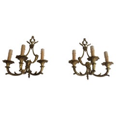 Vintage Pair of Louis XV Style 3-Light Bronze Sconces, French, circa 1960