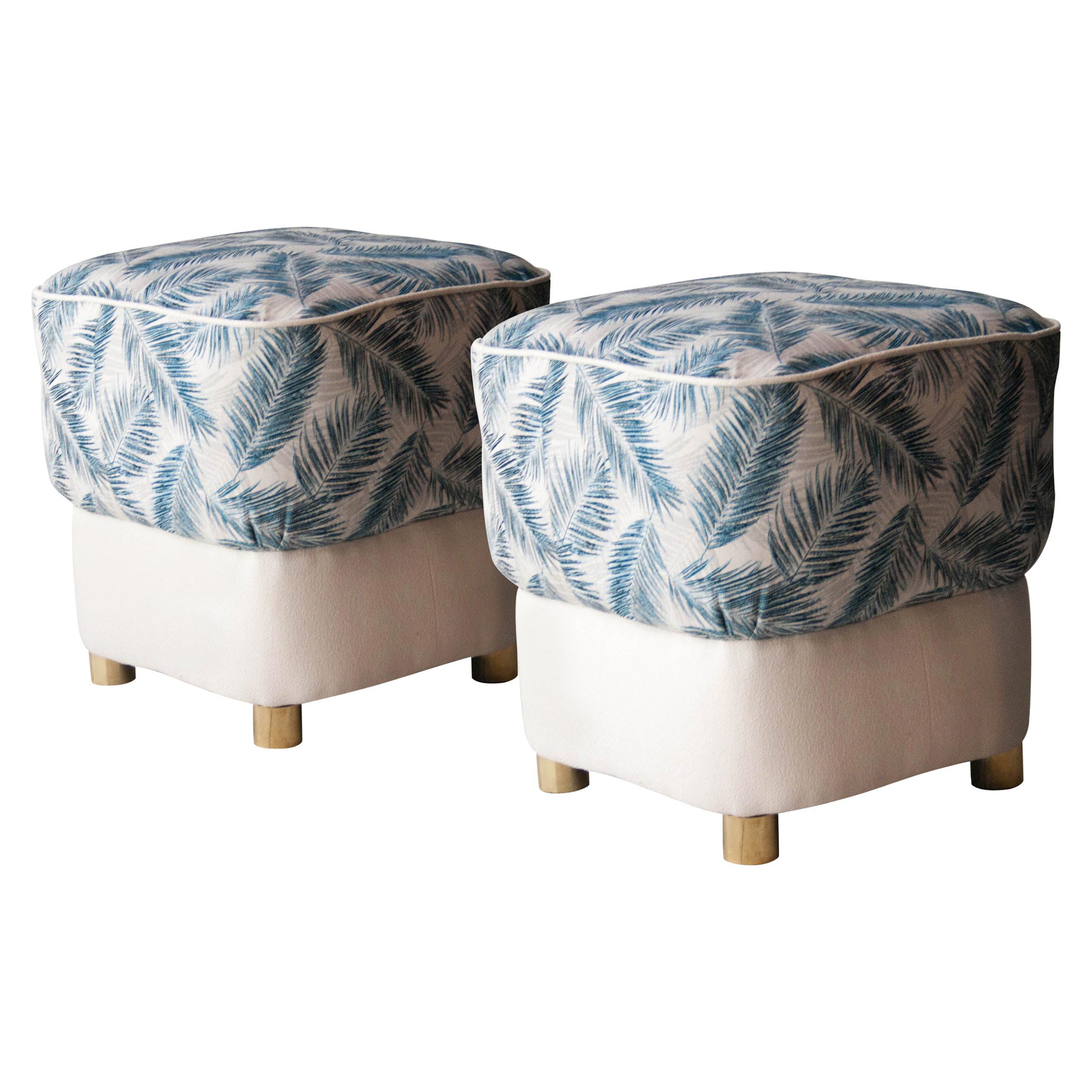 Mid-Century Modern Blue White Grey Brass Italian Pouf, 1950