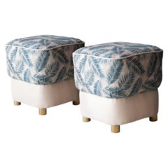 Retro Mid-Century Modern Blue White Grey Brass Italian Pouf, 1950