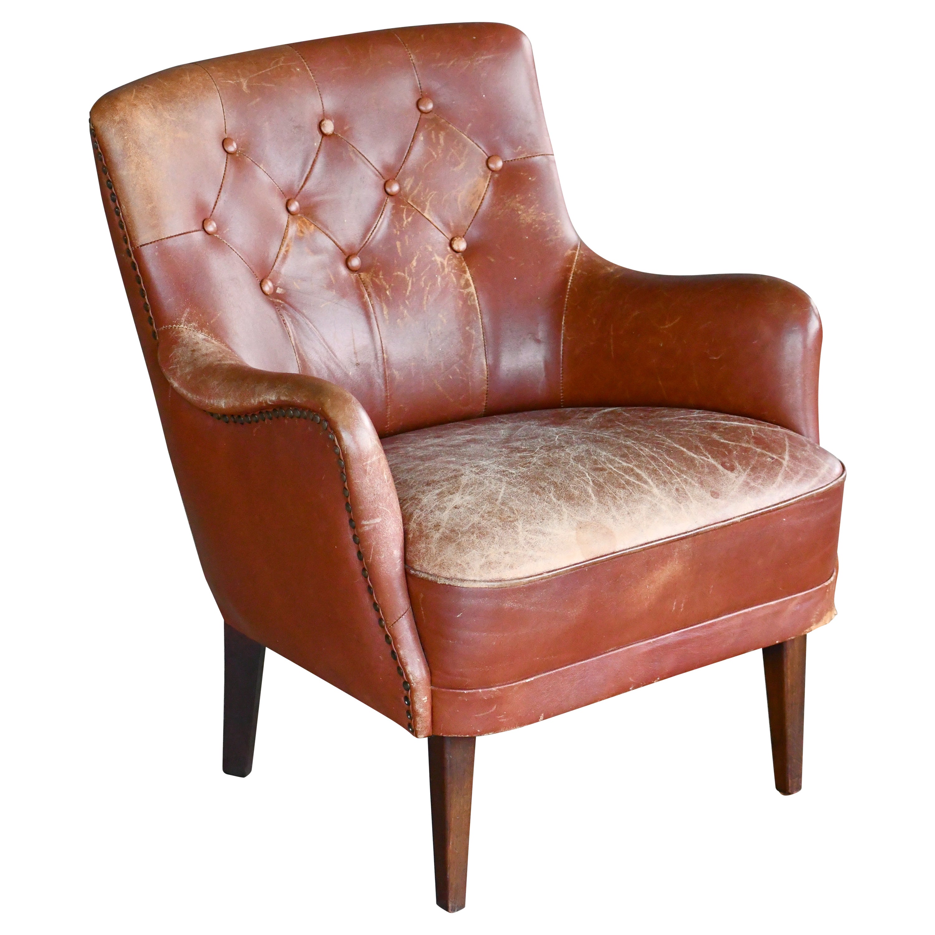 Danish 1950s Small Tufted Easy Chair in Chocolate Leather and Velvet