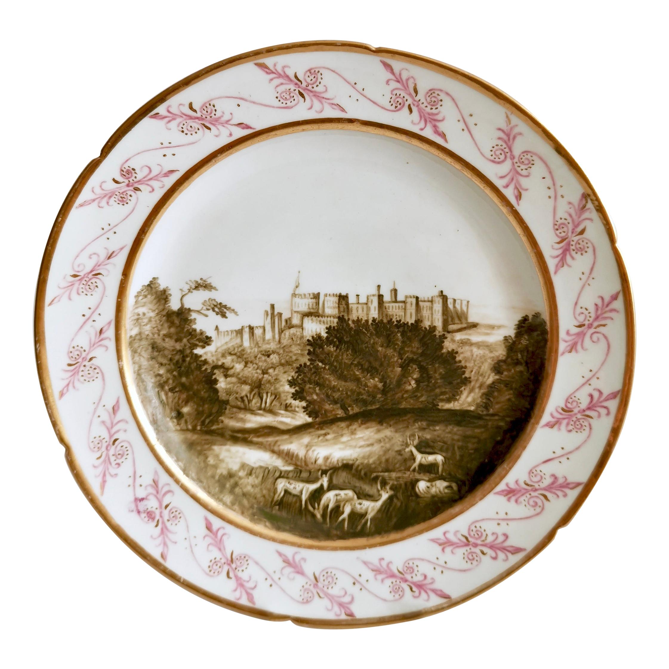 Assiette de Coalport, château de Windsor avec cerf, Sepia, Thomas Baxter, géorgien, vers 1805