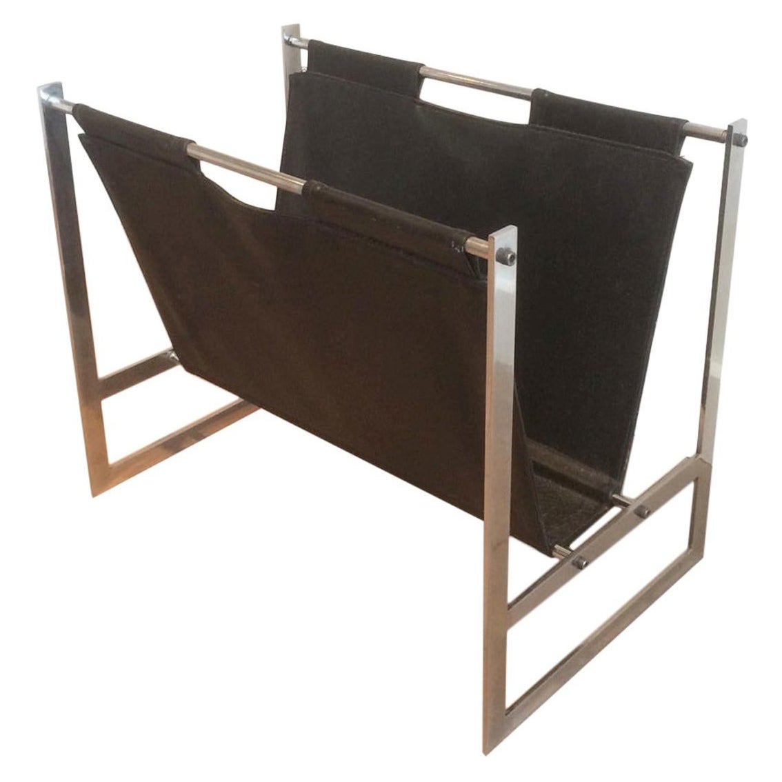 In the Style of Poul Kjaerholm, Brushed Steel and Black Leather Magazine Rack For Sale