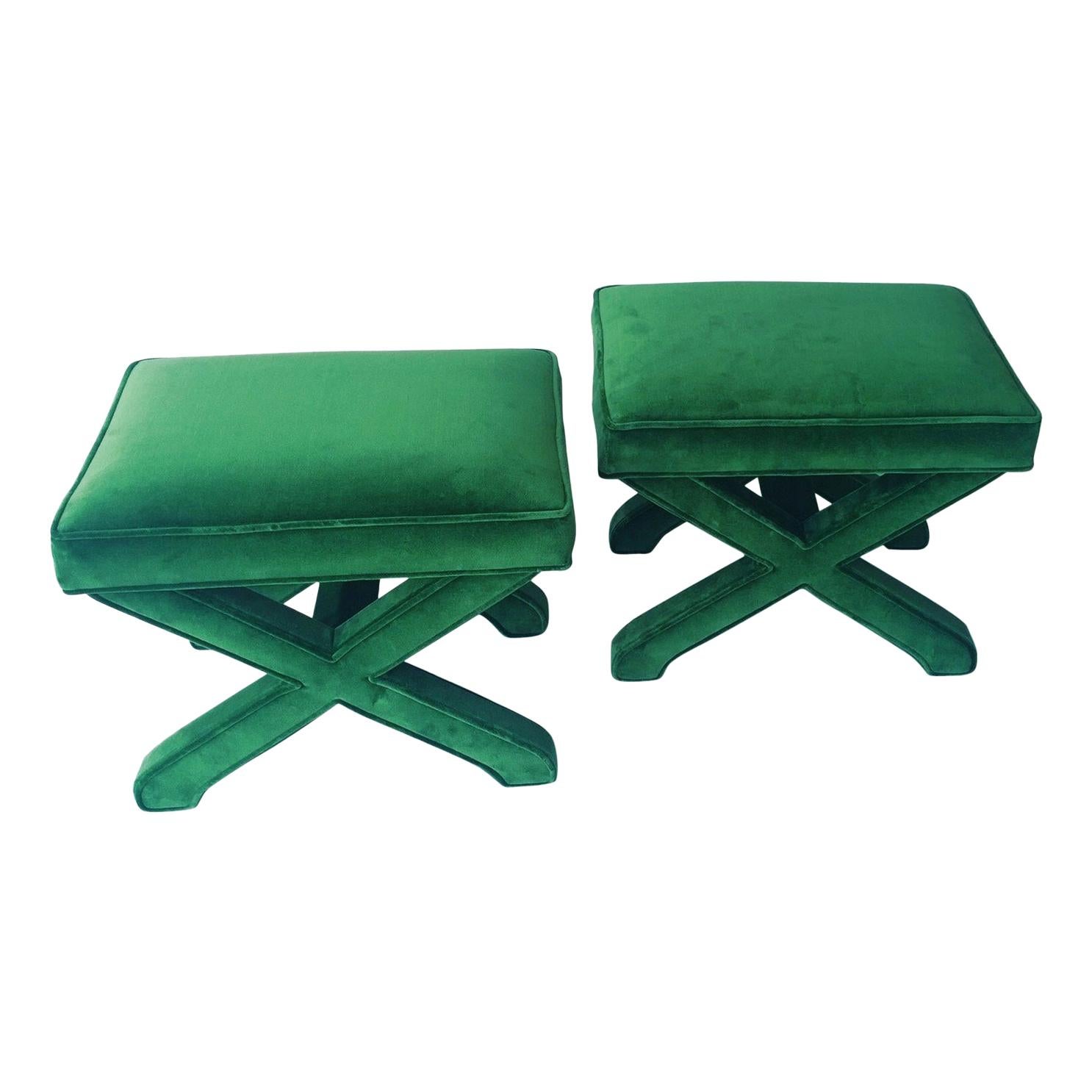 Pair of Mid-Century Modern Baldwin/ Baughman Style X Benches in Green Velvet