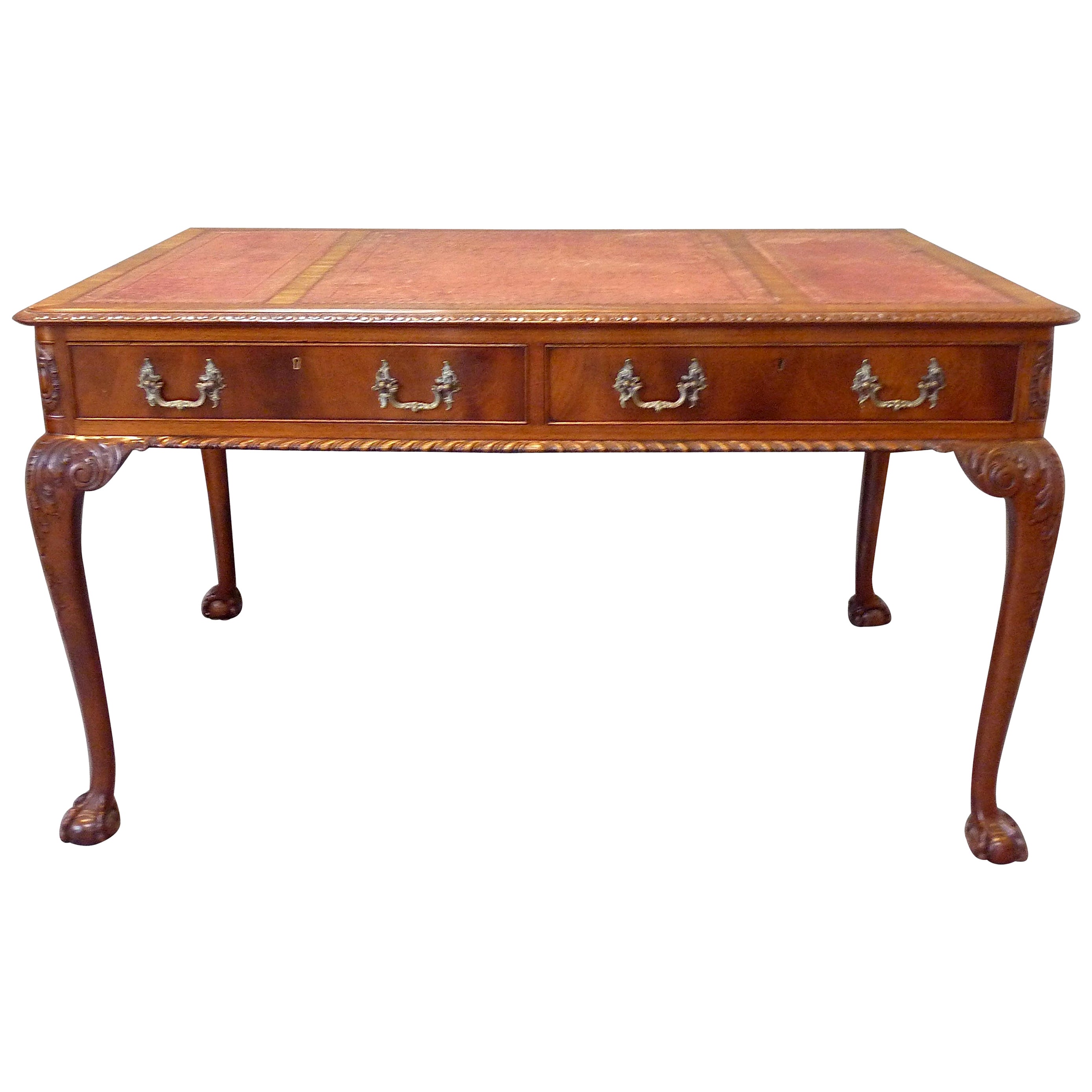 Superb Writing Desk with Greek Key Embellished Tooled Leather Top at