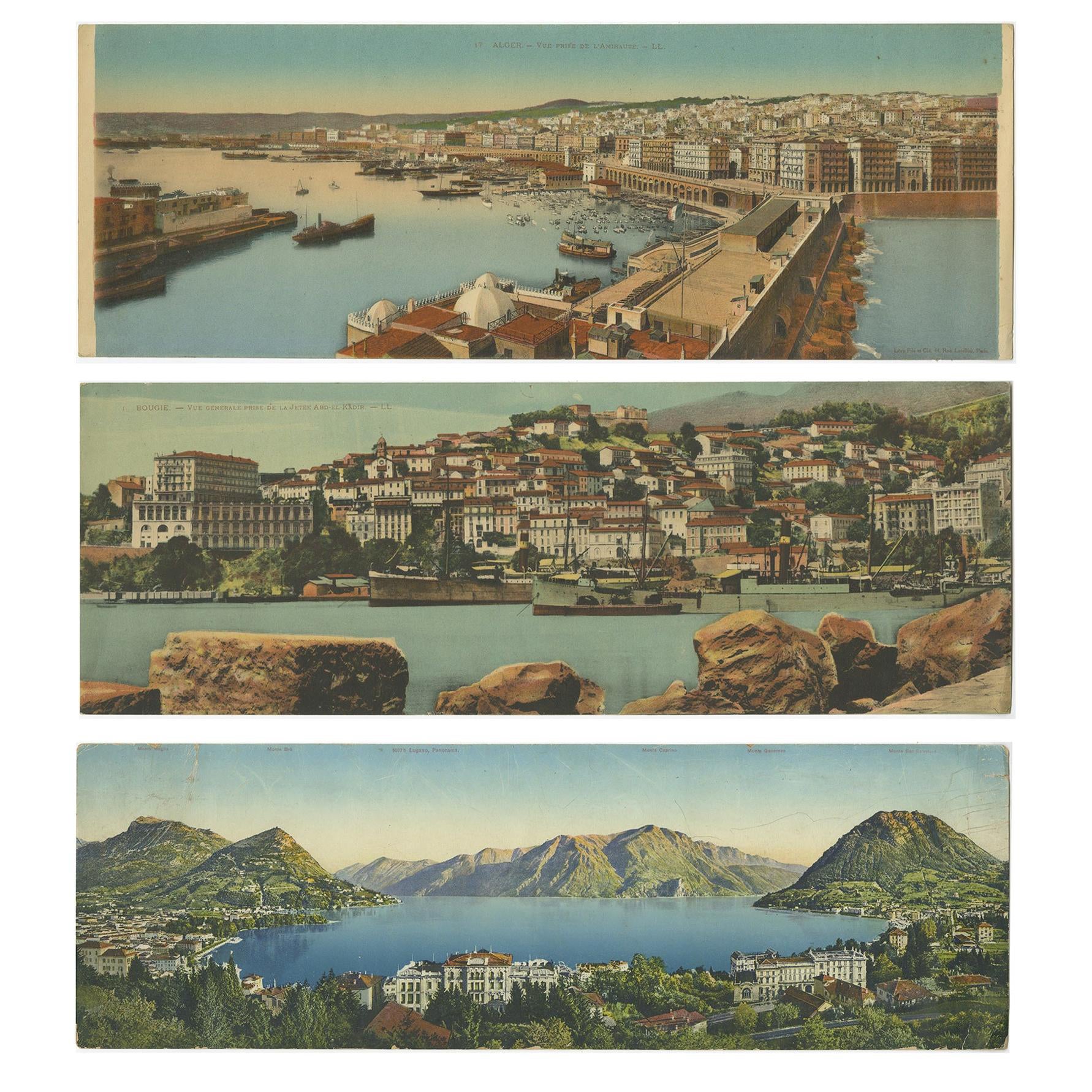 Set di tre grandi cartoline panoramiche d'epoca dell'Algeria e di Lugano in vendita