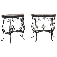 Pair of Iron Console Tables w/ Cabriole Legs, Scroll Detail, & Black Marble Tops