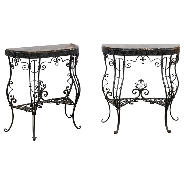 Pair of Iron Console Tables w/ Cabriole Legs, Scroll Detail, and Black