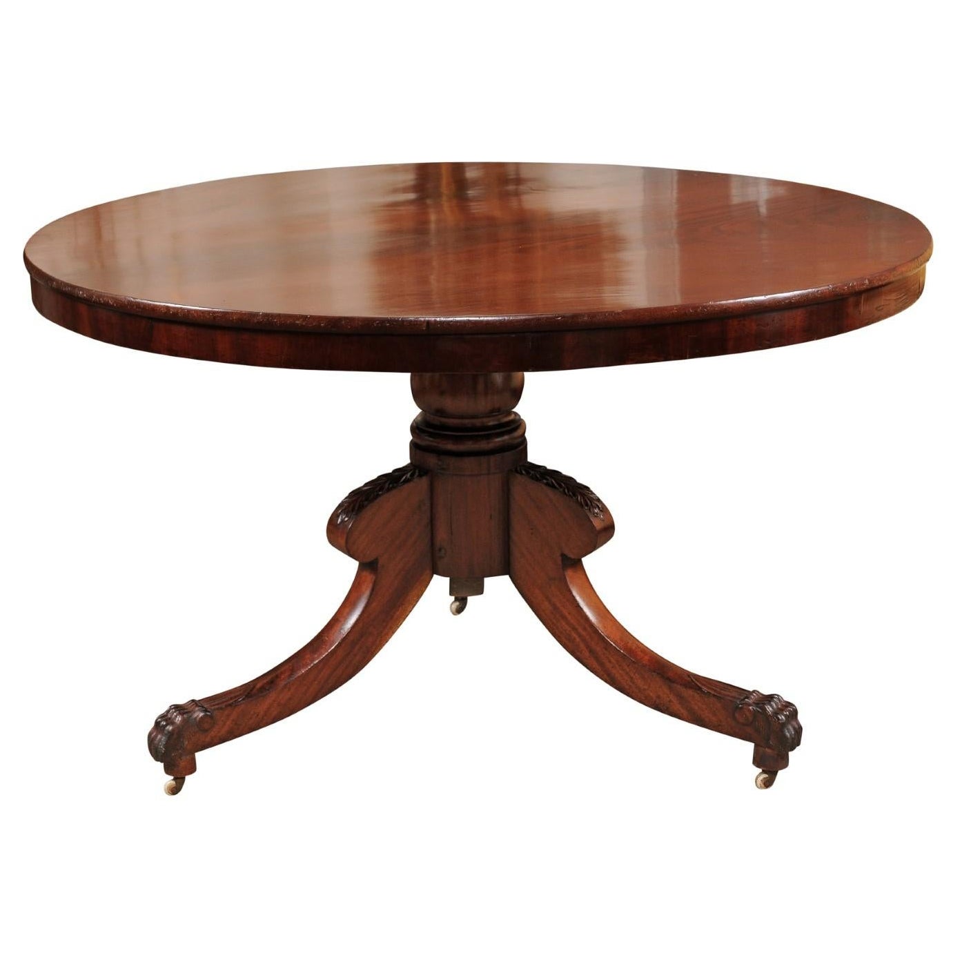 19th Century English Mahogany Center Table with Pedestal Base & 3 Splayed Legs 