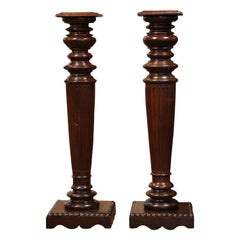Antique Pair of 19th Century French Louis XIV Carved Oak Column Pedestal Tables