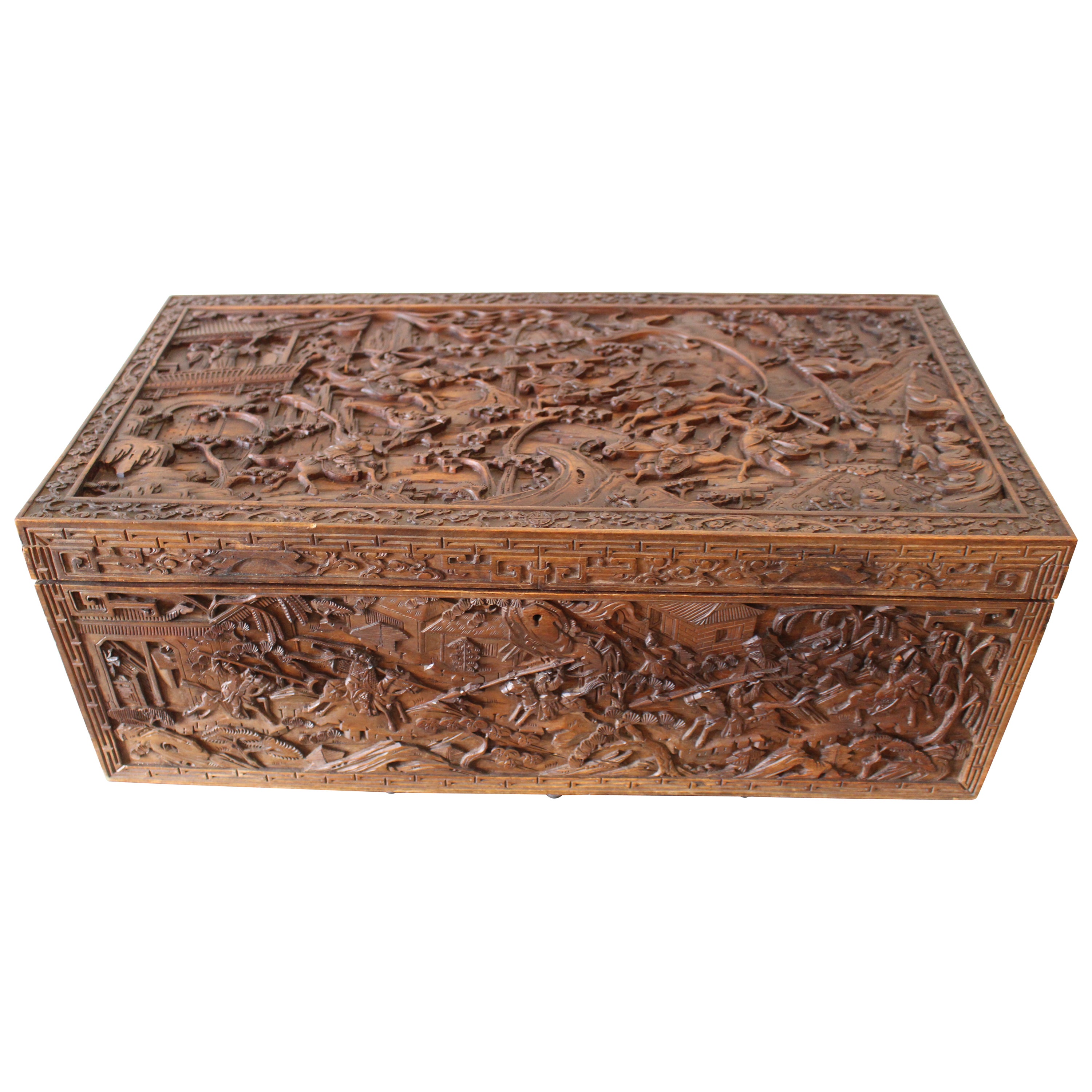 Antique Chinese Canton Carved Wooden Jewelry Box, 19th Century For Sale