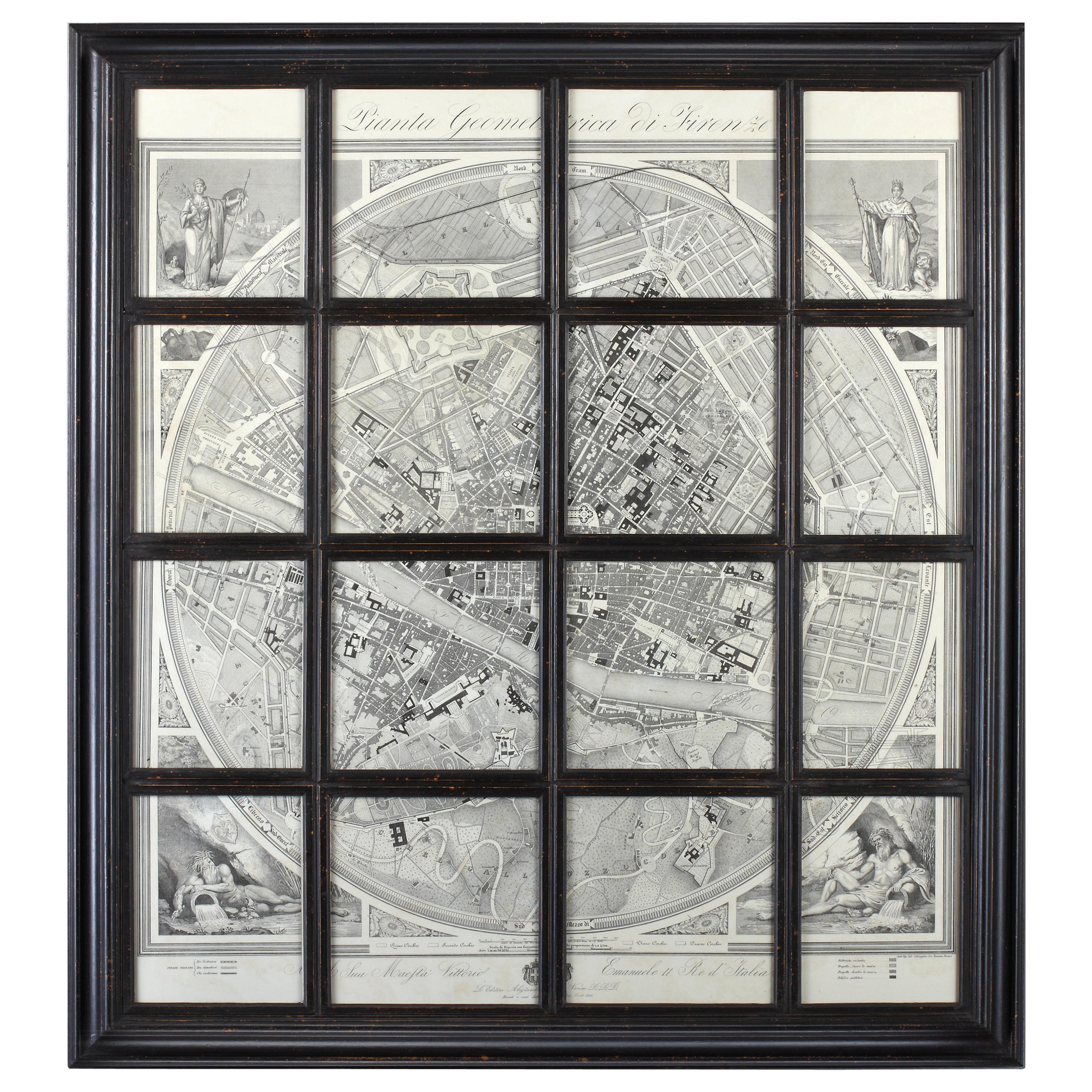 Geometric Map of Florence with Black Lacquered Frame Old Map Reproduction For Sale