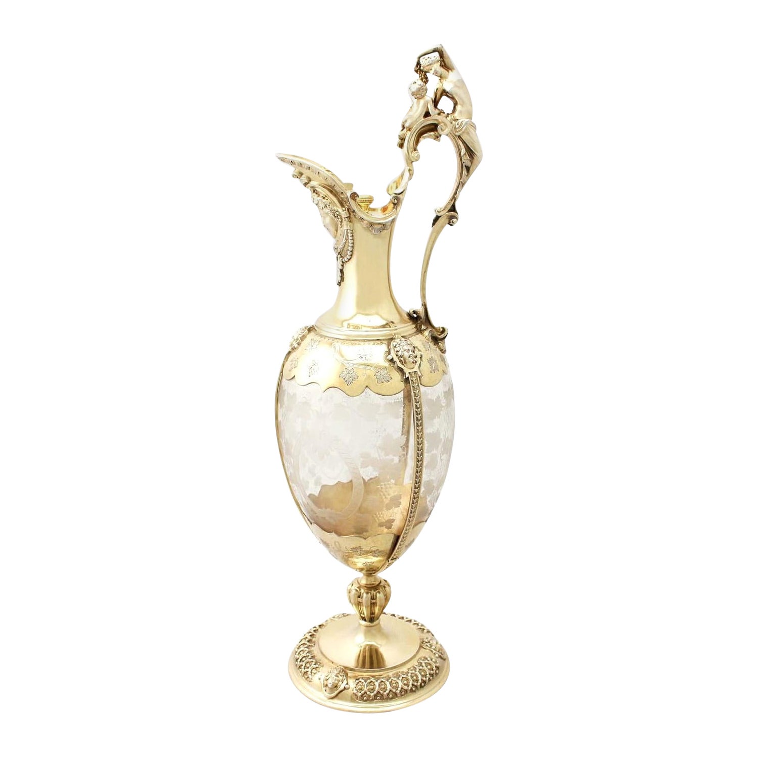 Antiker viktorianischer Krug aus säuregeätztem Glas und vergoldetem Sterlingsilber