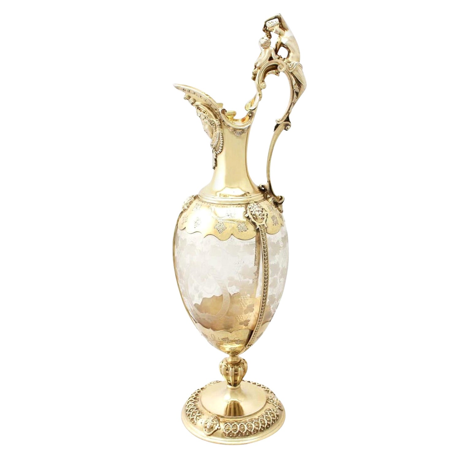 Antique Victorian Acid Etched Glass and Sterling Silver Gilt Claret Jug
