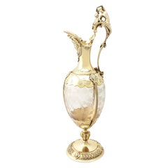 Antique Victorian Acid Etched Glass and Sterling Silver Gilt Claret Jug