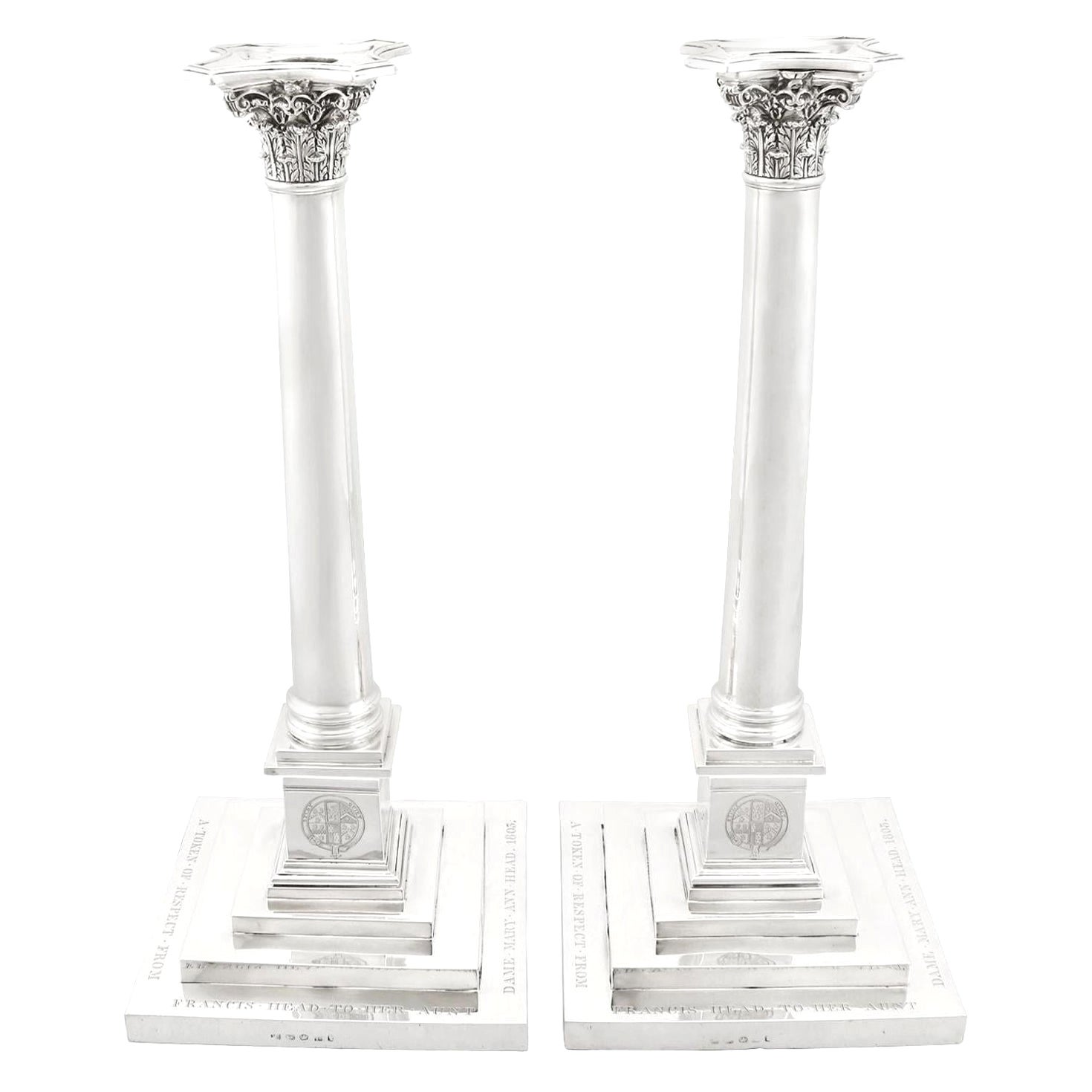 Antique 1803 Georgian Sterling Silver Column Candlesticks