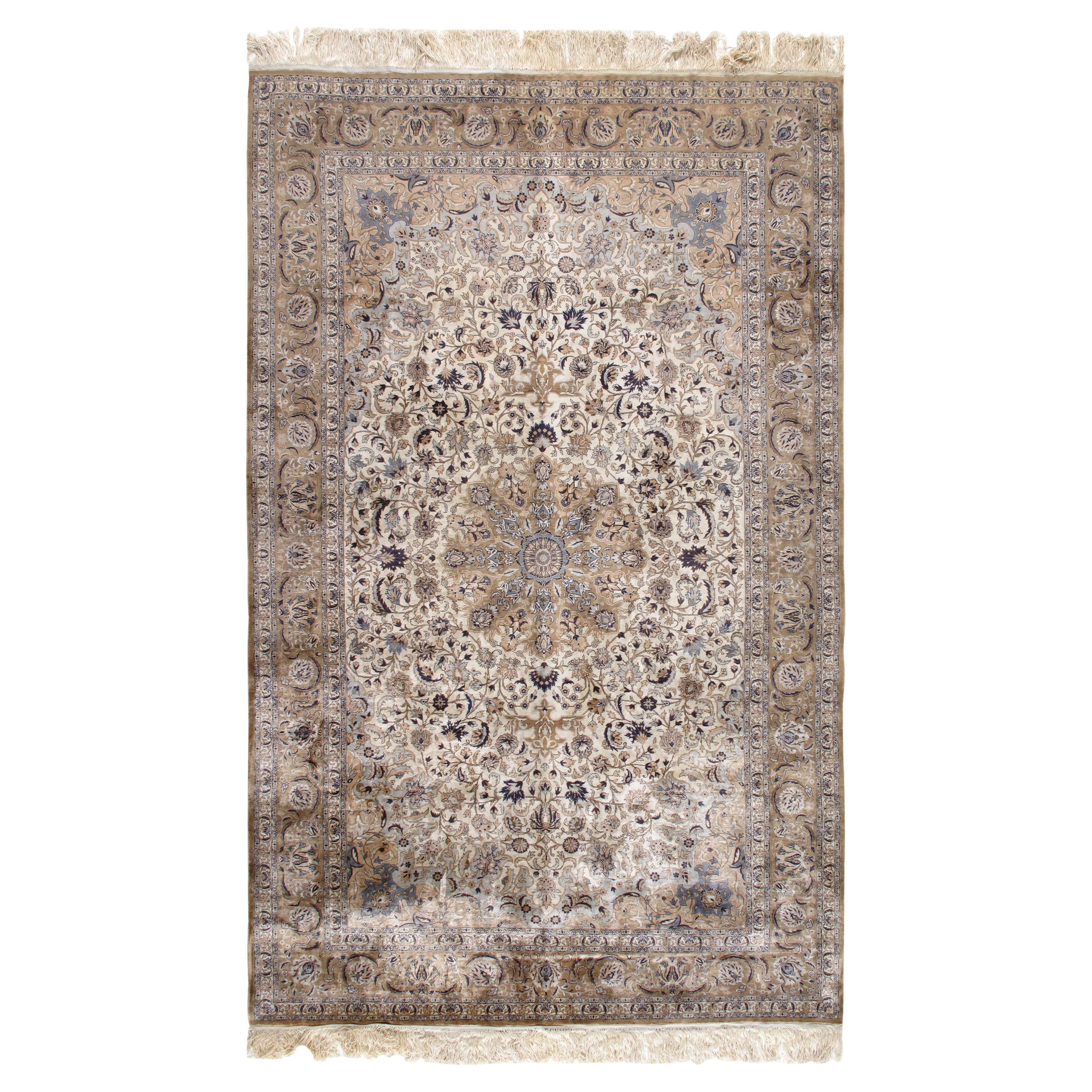 Traditional Qum Chinese Silk Medallion Rug in Ivory, Gold and Blue Colors For Sale