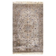 Traditional Qum Chinese Silk Medallion Rug in Ivory, Gold and Blue Colors