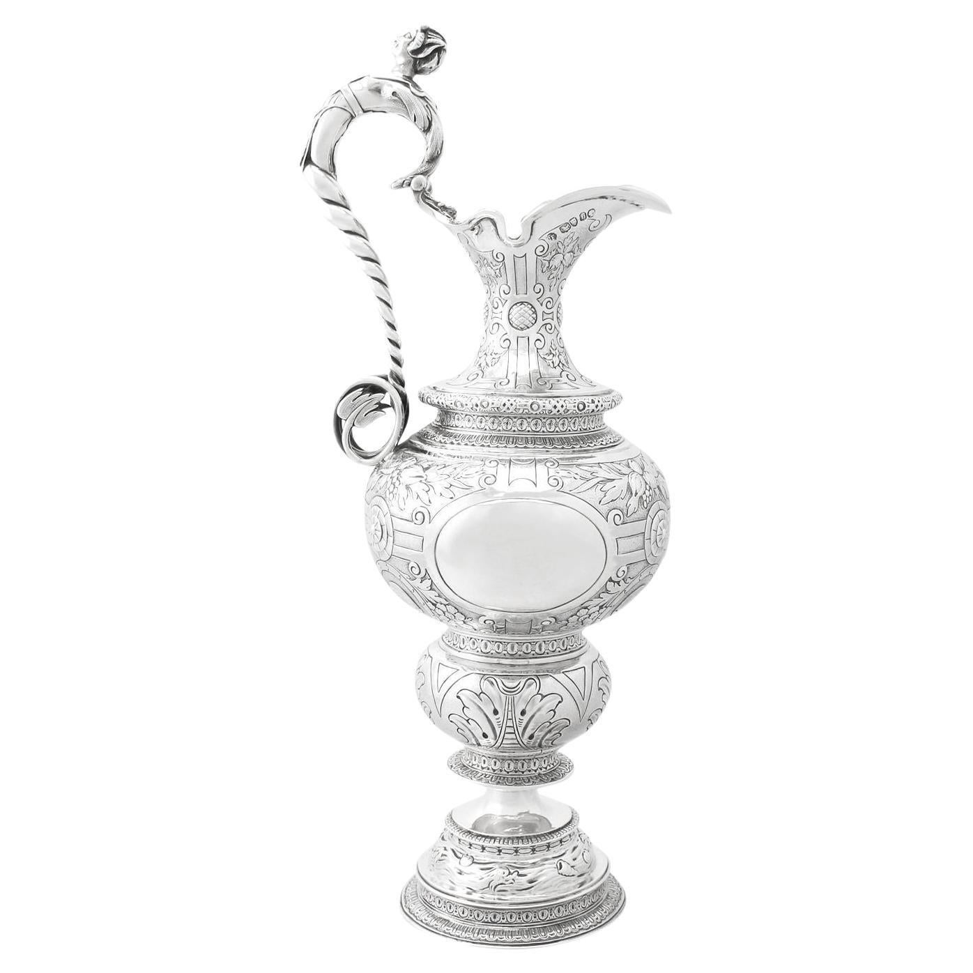 Antique Victorian 1860s English Sterling Silver Claret Jug