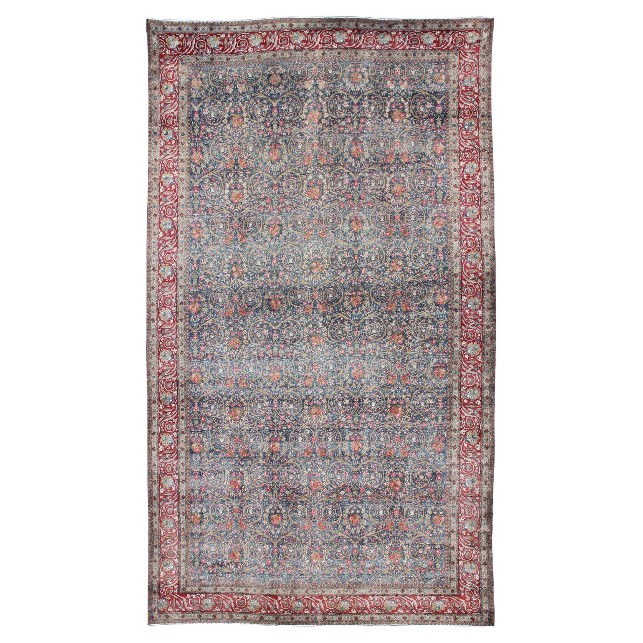 Large Antique Persian Tabriz Rug in Vine Scroll Design in Blue Background, Red For Sale