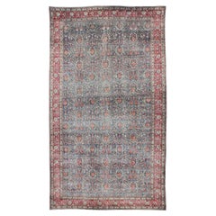 Großer antiker persischer Täbriz-Teppich mit Rankenmuster auf blauem Hintergrund:: rot