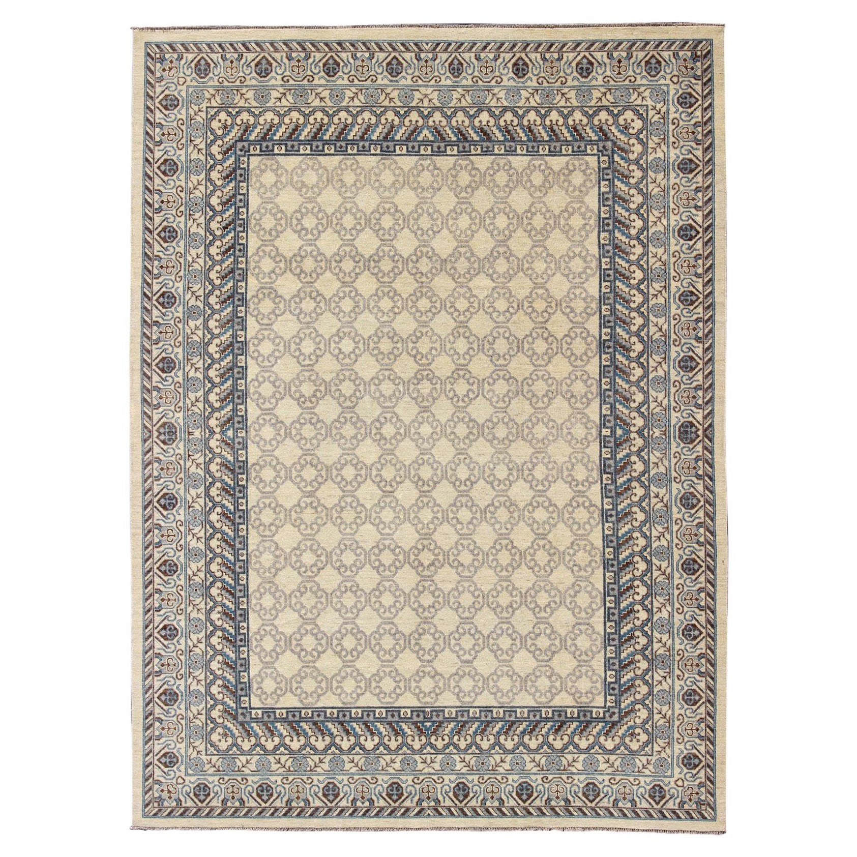 Contemporary Khotan with Geometric Design in Blue, Brown & Cream Colors For Sale
