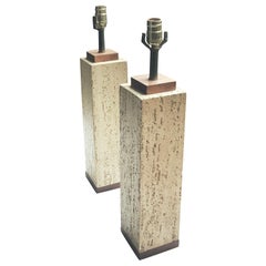 Pair of 1950s Plaster Column Lamps in a Travertine Finish