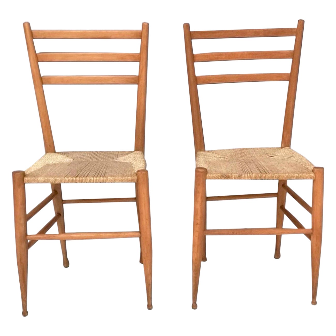 Pair of Vintage Beech and Wicker Chiavarine Chairs with Slatted Backrest, Italy