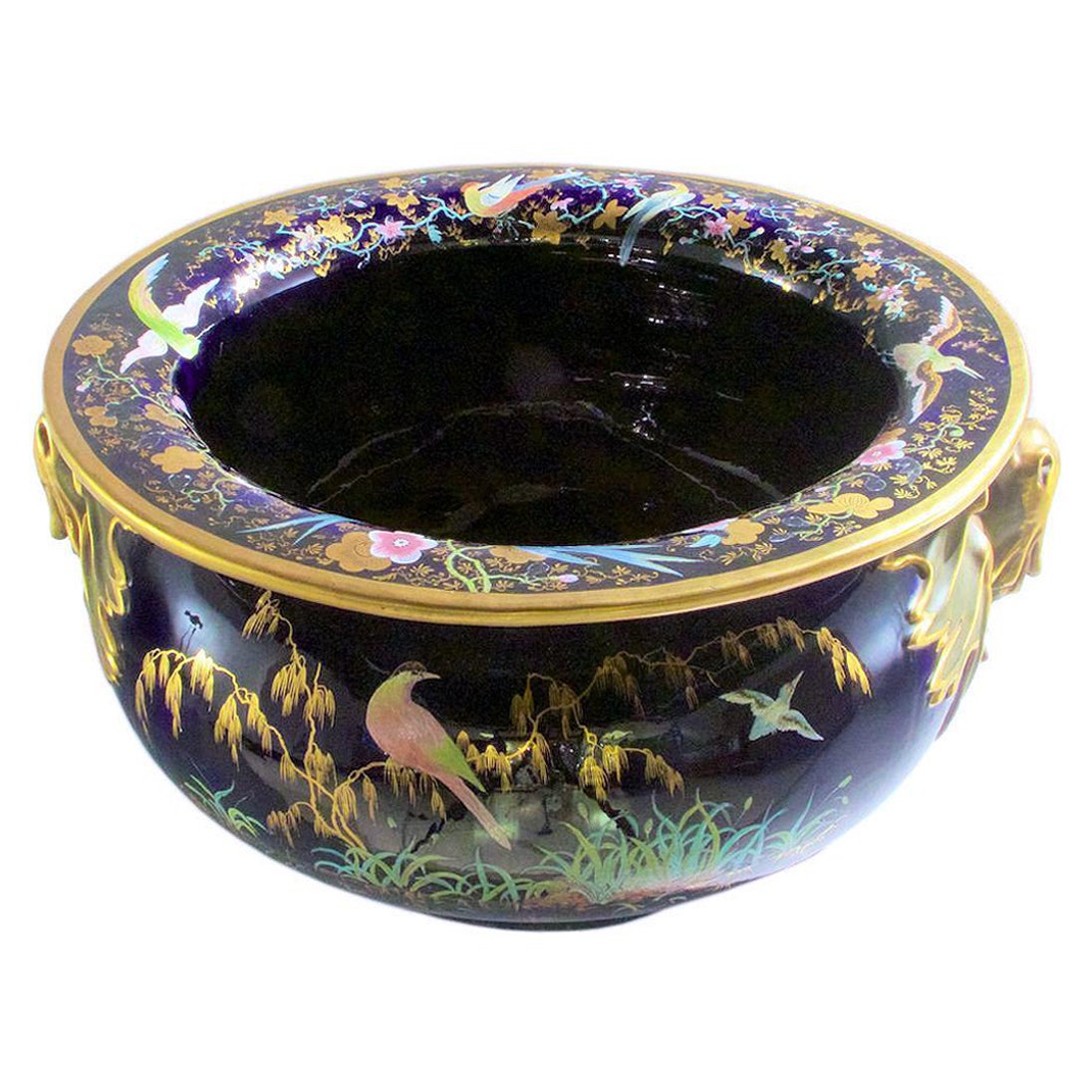 Large French 19th Century Ceramic Jardiniere with Enameled Birds and Butterflies For Sale